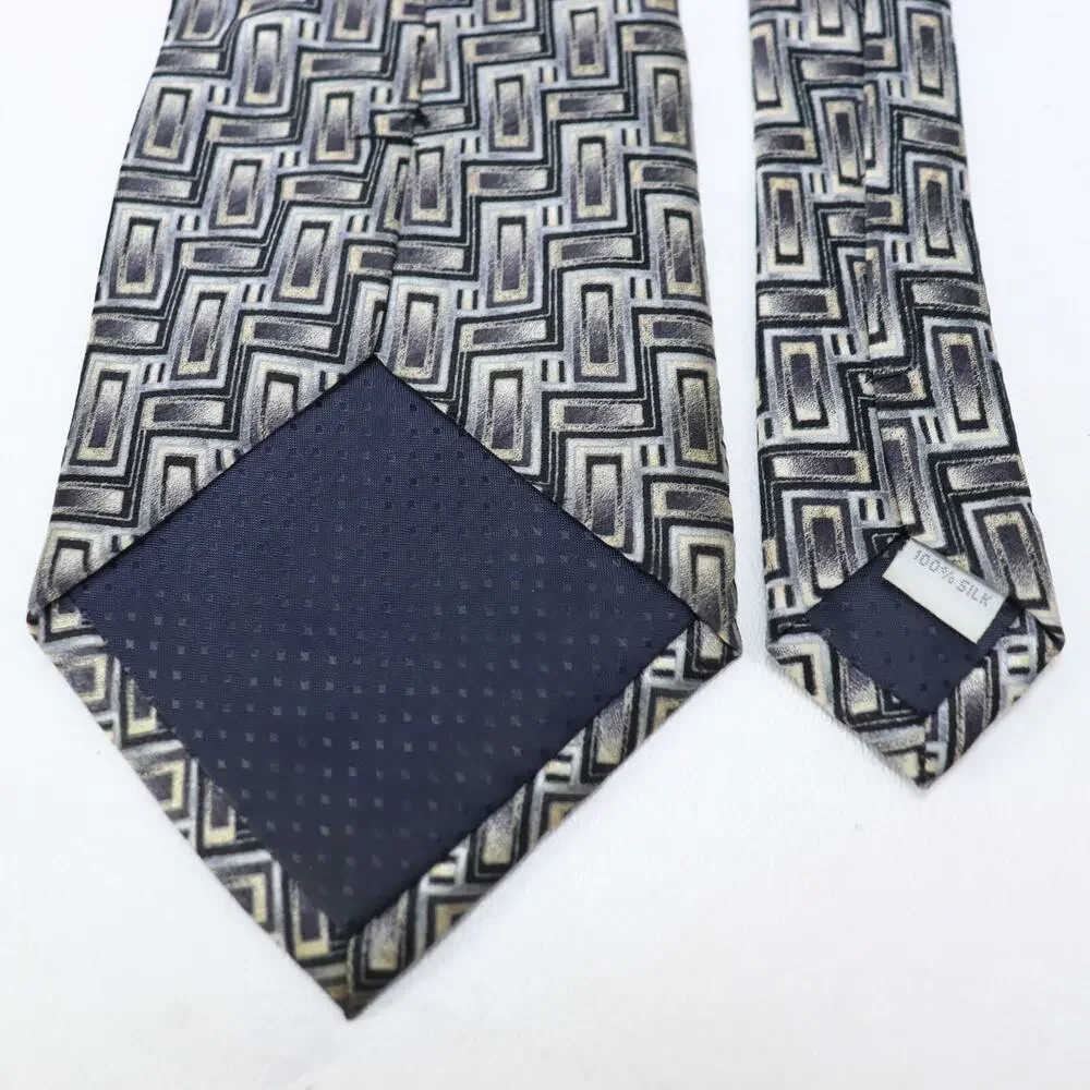 Vintage Pierre Cardin Tie Mens 60 in Silk Black White Gray Geo Stairs Wide